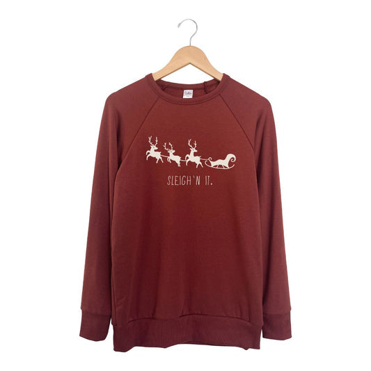 ADULT UNISEX BAMBOO/COTTON FLEECE-LINED 'SLEIGH N' IT' PULLOVER | BURGUNDY